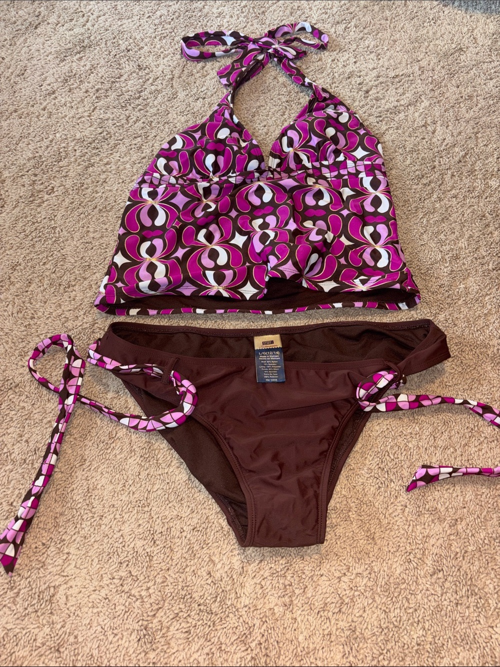 L.L. Bean Brown Halter Tankini Brown with Purple